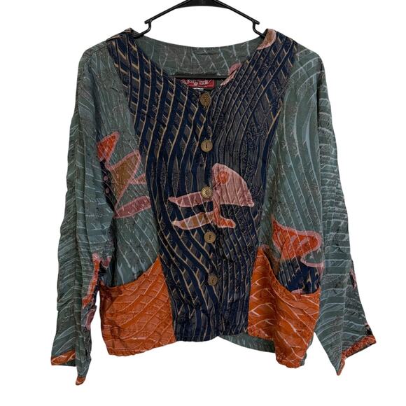 Kusnadi Top Womens Long Sleeve Button Up Fish Art Lagenlook Colorblock Handmade - Picture 1 of 12